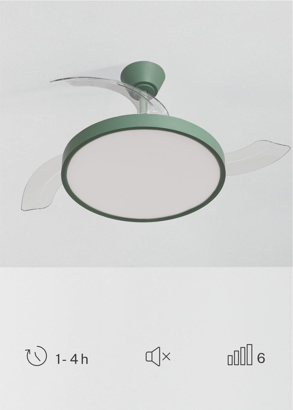 CREATE / WIND CLEAR STUDIO S/Ventilatore da soffitto con luce verde sage con telecomando / 40W, Temporizzatore, Ø 91 cm, 6 velocità, pale retrattili, 3 temperature di luce, funzione estate-inverno