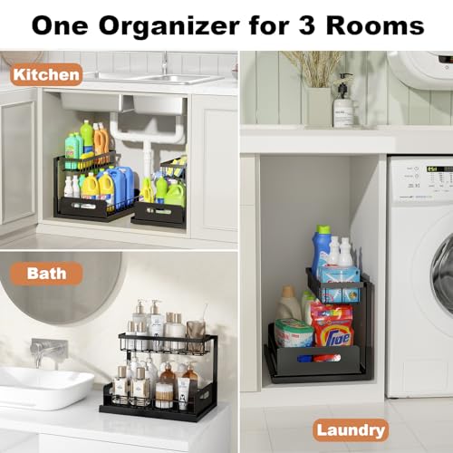 Image of REALINN Under Sink Organizer, L-Shaped 2 Tier Pull Out Cabinet Organizer for Kitchen and Bathroom, Slide Out Under Cabinet Storage, Metal Under Sink Storage with Sliding Drawer, 50 lbs, Black 2 Pack