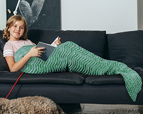 Mermaid Tail Blanket For Teen Girls With Anti-Slip Neck Strap Wave Pattern | Soft Sleeping Bag For All Seasons Green #TOP8
