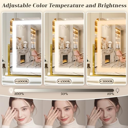 image for ROLOVE Gold Vanity Mirror with Lights - Smart Touch Dimming, 3-Color L
