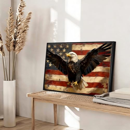 Image of American Flag Framed Canvas Wall Art, 4th of July Red White Blue Canvas Prints, USA Flag with Bald Eagle Patriotic Decorations, Vintage Independence Day Wall Decor for Bedroom Living Room 20x24