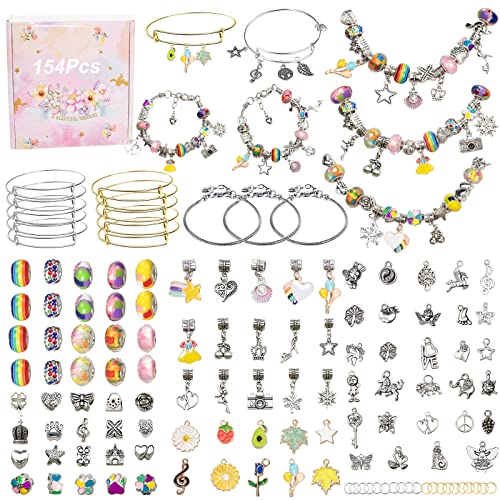 Juego de 154 pulseras de abalorios, juego de manualidades para niñas, juego de manualidades para regalo, fabricación de joyas, pulsera de Navidad, cumpleaños, regalo de cumpleaños Cover