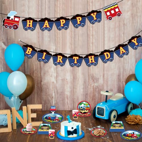 Bikasun Zug Geburtstag Party Supplies, Zug Partygeschirr Train, Zug Geburtstag Party Geschirr Set Zug Geburtstag Teller Train Kindergeburtstag Deko Auto Pappteller Becher Servietten Tischdeko