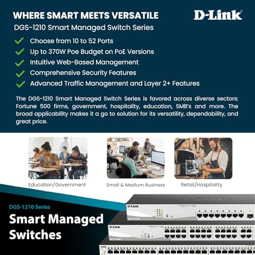 Image of D-Link 10-Port Gigabit Smart Managed Switch | 8 GbE + 2 SFP Ports | L2+ | VLANs | Cable Diagnostics | Web Managed | Desktop or Rackmount | Fanless | NDAA Compliant | Lifetime Protection (DGS-1210-10)