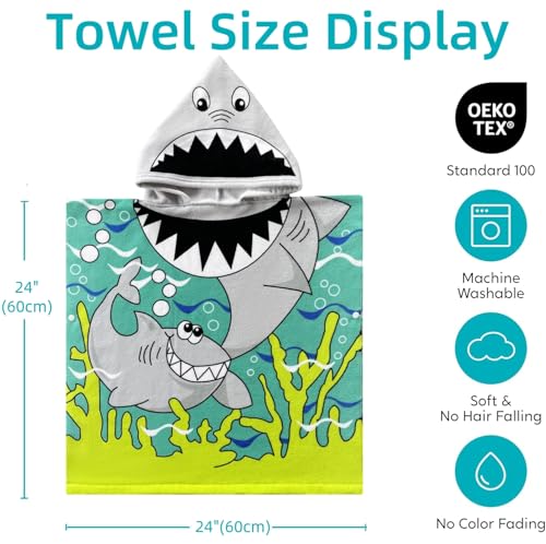 Image of Wearable Hooded Towel for Kids Toddlers Bath Pool Beach Boy Girl Swim Poncho Cover-ups, Shark Theme with Bag