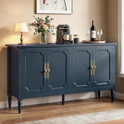 RoyalCraft 59' Buffet Cabinet with Storage, Vintage Sideboard with Adjustable Shelves & Carved Handle, Mid Century Modern Painted Credenza Coffee Bar for Kitchen, Dining Room, Navy Blue