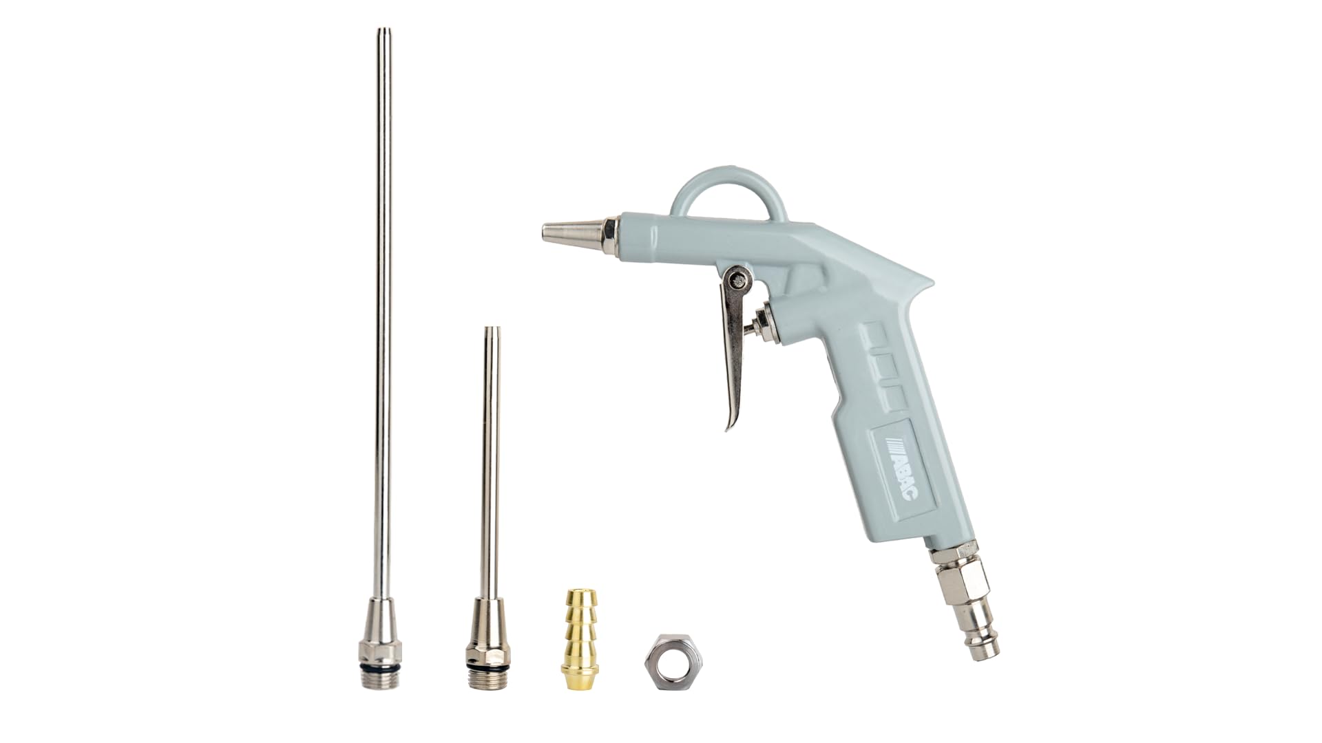 ABAC Pistola de Soplado G-502 PLUS, con Boquillas Múltiples (25, 100 y 200 mm) para diversas aplicaciones, enchufes universal y enchufes con boquilla para manguera, Presión Max 8 Bar