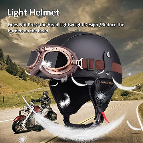 German Motorcycle Retro Half Helmet Style Leather Half Face Helmet, Dot Approved Vintage Motorcycle Open Face Helmet Cap Half Shell Helmet With Goggles And Hidden Visor (55-62Cm) (Color : Pink, Size #TOP2