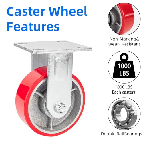 Image of Nefish 5 Inch Industrial Fix Casters, Heavy Duty Plate Caster with No Noise Polyurethane Wheel on Steel Hub, 1000 Lbs Load Capacity Per Rigid Casters for Utility Cart, Dollies (2 Pack)