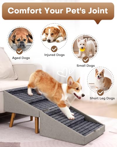 Image of Dog Ramp for Bed & Couch, Dog Stairs 21.06 inches High for Large /Medium /Small Doggie,Split Ottoman Foldable 2 in 1 Wooden Pet Steps for Older and Injured Dogs, No-Slip Surface (17.13 inch H-Hemp Green)