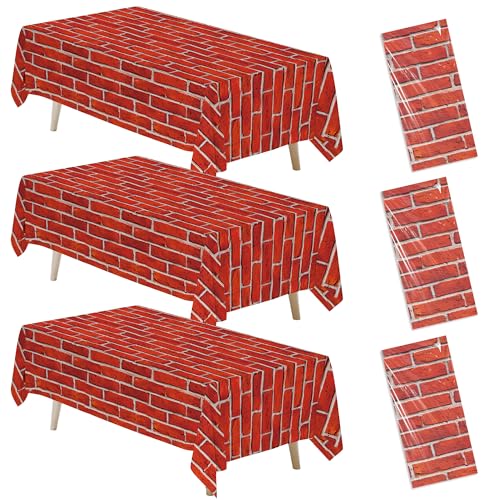 FVABO Red Brick Tablecloth Decorations 3Pcs Disposable Brick Wall Party Table Cover Supplies Stone Wall Table Cloth for Birthday Construction Firefighter or Halloween Party Decor 55in x 86in