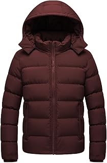جاكيت شتوي منفوخ مقاوم للماء بغطاء للرأس بتصميم مبطن وسوستة إغلاق كاملة، لون بورجندي