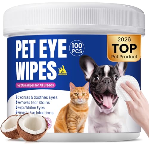 Dog Eye Wipes, Tear Stain Remover for All Dogs & Cats – Hypoallergenic & Deodorizing Eye Wipes for Dogs, Pet Eye Cleaner Wipes with Enzymes for Discharge, Crust, Mucus & Debris, Coconut (100 Ct)