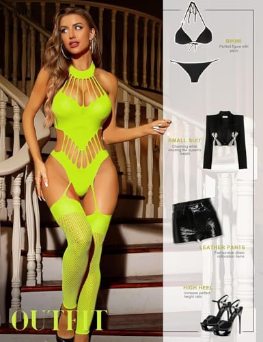 Image of GirlFriend Hot Women's Lingerie Set - Lace Babydoll Outfits 1 Piece Fishnet Bodysuit with attached Mini Skirt with Stockings Babydoll