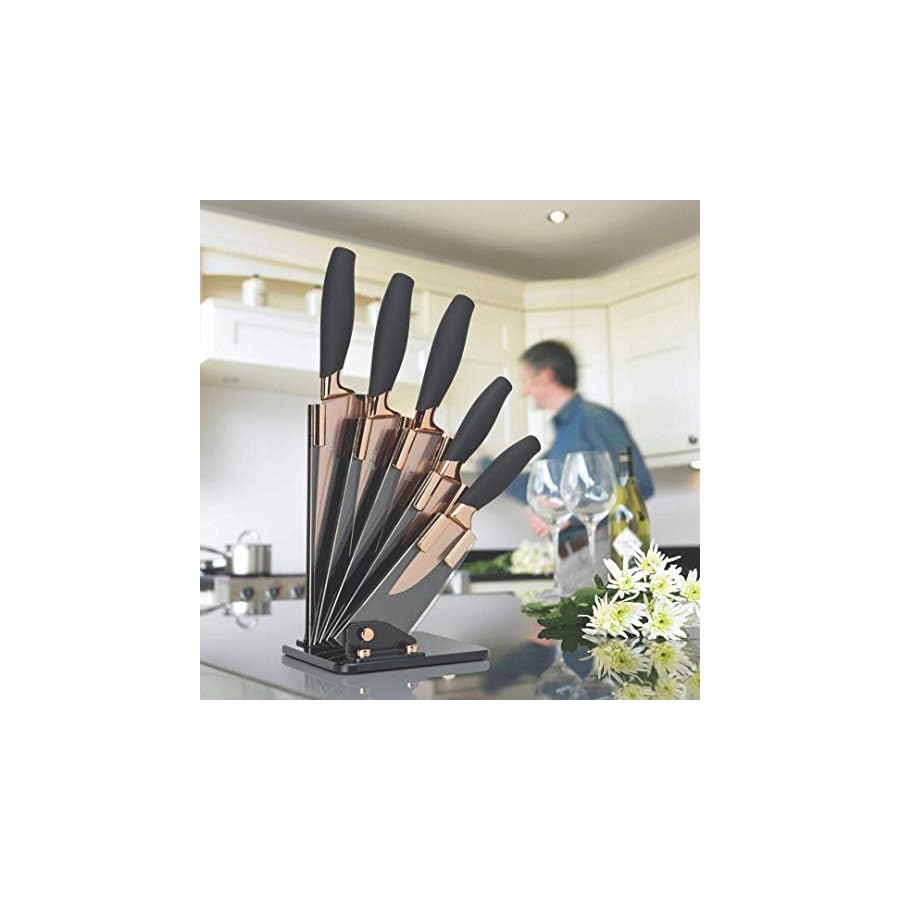 5pc-Kitchen-Knife-Set-Block-Brooklyn-by-Taylors-Eye-Witness-Rose-Gold-Coloured-Bolsters-Finely-Ground-Razor-Sharp-Titanium-Coated-Matching-Blades-Soft-Grip-Handles-Modern-Fan-Shaped-Holder 5pc Kitchen Knife Set & Block - Brooklyn by Taylors Eye Witness. Rose Gold Coloured Bolsters, Finely Ground Razor Sharp Titanium Coated Matching Blades. Soft Grip Handles. Modern Fan Shaped Holder.