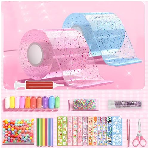 XUZIE Nano Tape and Clay Craft Kit DIY Bubble Art Set with 2 Rolls Nano Tape 12 Colors Air Dry Clay Balloon Pump Glitter Stickers & Tools Creative DIY Craft Supplies for Stress Relief