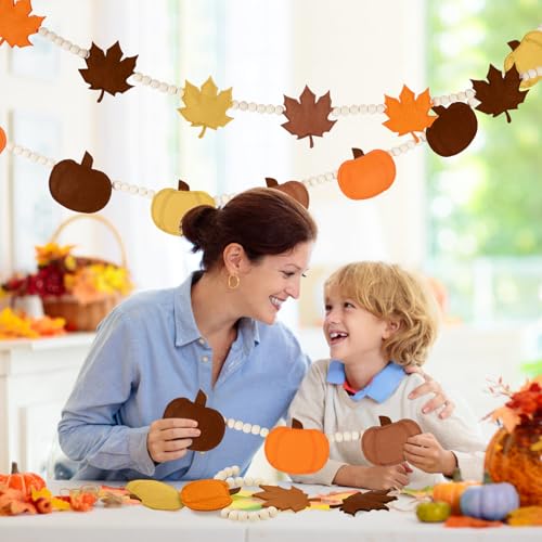 2 Pcs Fall Decor, Thanksgiving Decorations for Home, Felt Pumpkin Maple Leaves Garland Wood Beads for Fall Thanksgiving Decorations Indoor Banner for Mantle Wall Fireplace Farmhouse Halloween Decor - Image 3