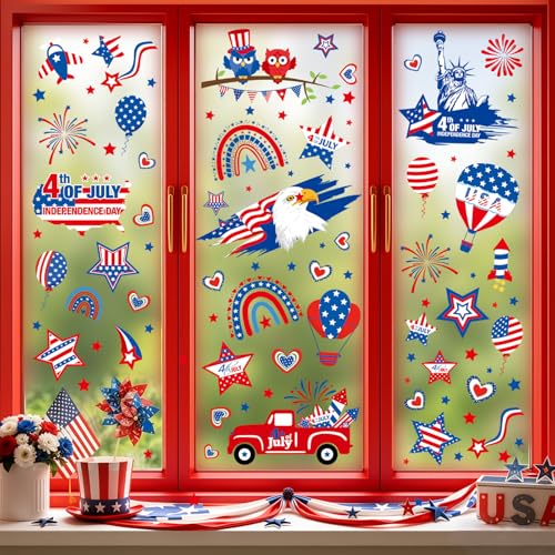 BTEOSPT 4th of July Decorations Window Clings-9 Sheets 101 PCS Patriotic Decor Double-Sided Memorial Day Static Window Cling Stickers for Glass Red White&Blue Summer Windows Clings USA Flag Eagle