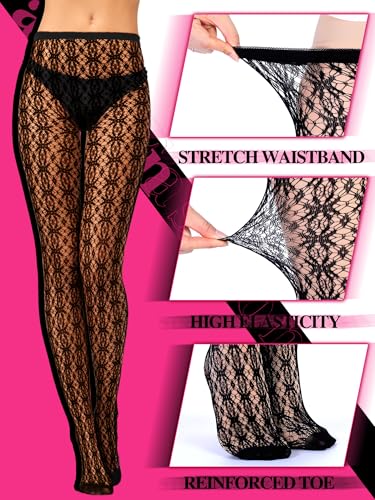 Image of Bencailor 3 Pairs Halloween Women Fishnet Stocking Tight Legging Black Stockings Small Hole Pattern High Pantyhose Waist Lace