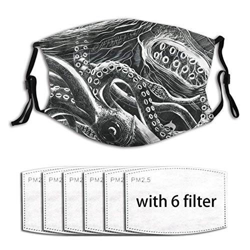 Giant Squid Octopus Reusable Cloth Face Mask with Filter Pocket and Nose Wire Fashion Design Balaclava Washable Neck Gaiter with 6 Filters