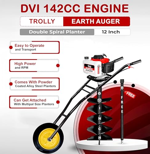 Image of DVI 142CC Trolley Earth Auger Machine, 4-Stroke Petrol Engine - with 12 Inch Double Spiral Planter Bits & Free Extension Rod | for Plantation, Fencing & Post Hole Digging in All Soil Types.