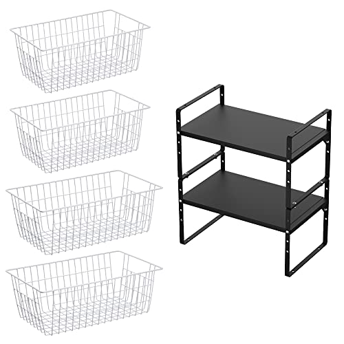 Image of SANNO Wire Storage Baskets Freezer Baskets with Expandable Cabinet Shelf Combo(White,Black),Set of 6