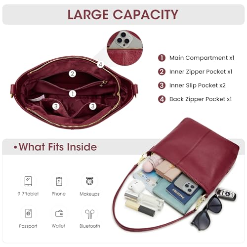 Image of Kattee Leather Crossbody Purse,Handbag Hobo Bag with 2 Straps,Red | Top grain pebbled leather with 2 magnetic pockets and 2 straps for crossbody or shoulder, ideal for work and travel.
