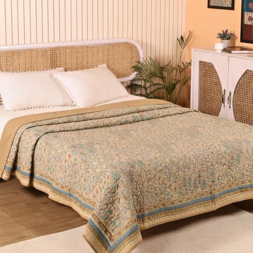 Image of Peepul Tree Hand Block Printed 100% Cotton Malmal AC Comforter 60 x 90 Inches, Best for Summers Lightweight, Soft, Breathable & Reversible AC Blanket for Single Bed, Ivory Taupe and Powder Blue