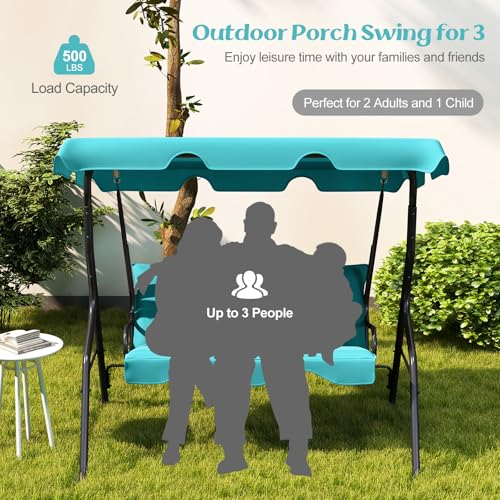 Image of Tangkula 3 Person Porch Swing, Patio with Removable Cushion & Powder-Coated Steel Frame, Outdoor Swing with Canopy for Porch, Backyard, Garden, Balcony (Turquoise)