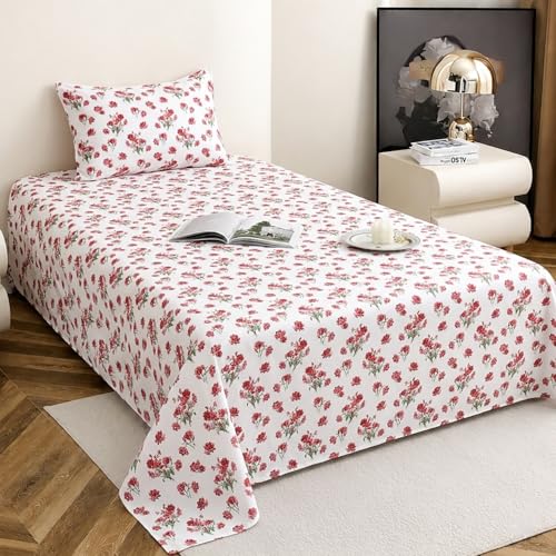 Image of 240 TC Soft Ezyption Floral Single Bed Sheet Cotton - Single bedsheet with 1 Pillow Cover Hypoallergenic, Brethable, (Size- 60 x 90 Inch | Red White