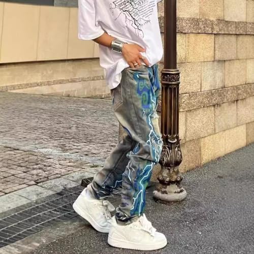 Men's Graffiti Hip-hop Jeans, Men's Lightning Print, Tight and Worn Jeans, Gothic Jeans4