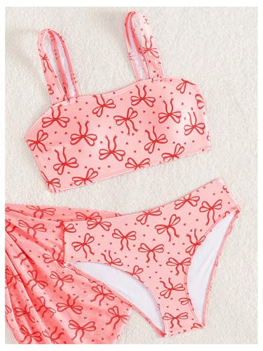 MakeMeChic Girl's 3 Piece Bikini Set Bow Summer Bathing Suit with Cover Up Skirt3