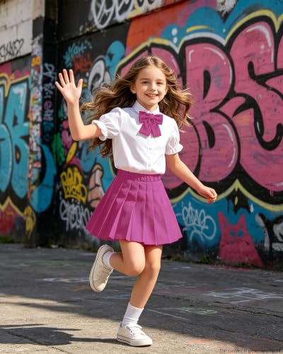 Image of Betusline Girls Skirt Set JK School Uniform 2-Piece Outfit - Short Sleeve Shirt with Bow & Pleated Skirt 4T-14Y