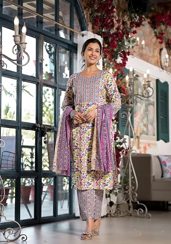 Image of MIRCHI FASHION Women's Straight Fit Pure Cotton Jaipuri Floral Printed Sequins Thread Work Kurta Set with Dupatta and Trouser