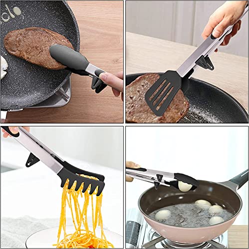 Image of Set of 3 Stainless Steel Food Tongs with Silicone Tips, 3 Types Heavy Duty Non-Stick Clamp Clip for Kitchen BBQ Cooking Grilling Buffet Noodles Salad Steak (Black)