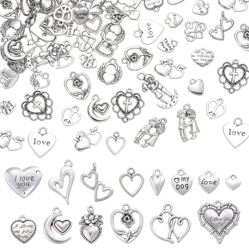 COGCHARGER 100Pcs Heart Charms for Jewelry Making Bulk Antique Silver