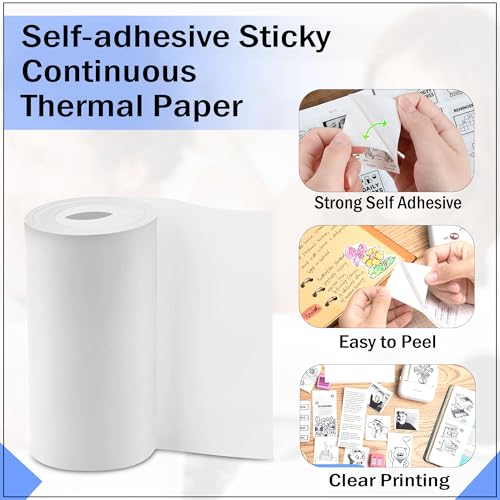 Image of MOREBLUE Sticky Adhesive Mini Thermal Paper Rolls 57mm x 5M (Pack of 5) | Continuous Self-Adhesive for Mini Thermal Printers | 2 Inch White for Kids Camera, Label, Photo Printers & Billing