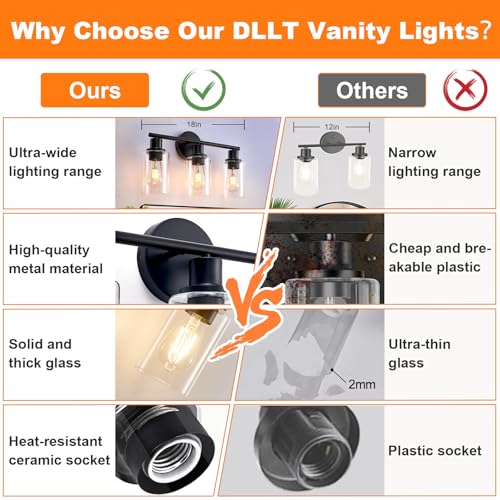 Image of DLLT 3-Light Bathroom Light Fixtures: Set of 2 Black Modern Vanity Lights with Clear Glass Shade - 18.51 inch Bathroom Wall Lamp for Mirror Kitchen Living Room