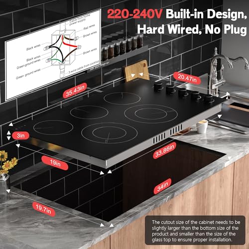 Image of Karinear 36 Inch Electric Cooktop Knob Control 5 Burners Radiant Stove Top | Hardwired 220-240V, No Plug, Built-in Design, Perfect for the elderly, 9 Power Levels, Residual Heat Indicator, 8400W, 40A