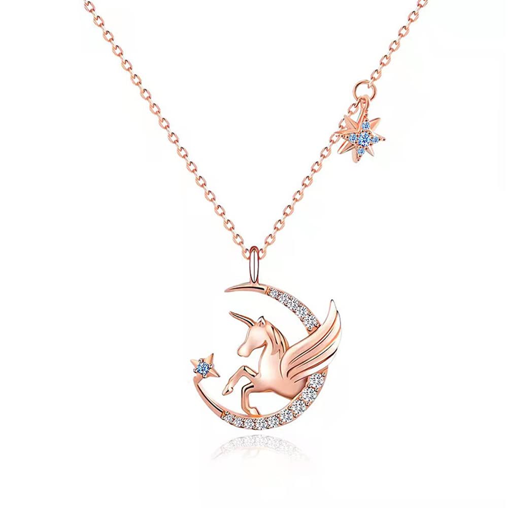 SOFOC Sterling Silver Star Moon Unicorn Necklace Crescent Moon Necklace Pendant for Women and Girls,Rose Gold Plated Pendant Unicorn Necklace Cute Animal Crystal Unicorn Jewelry Gifts for Women