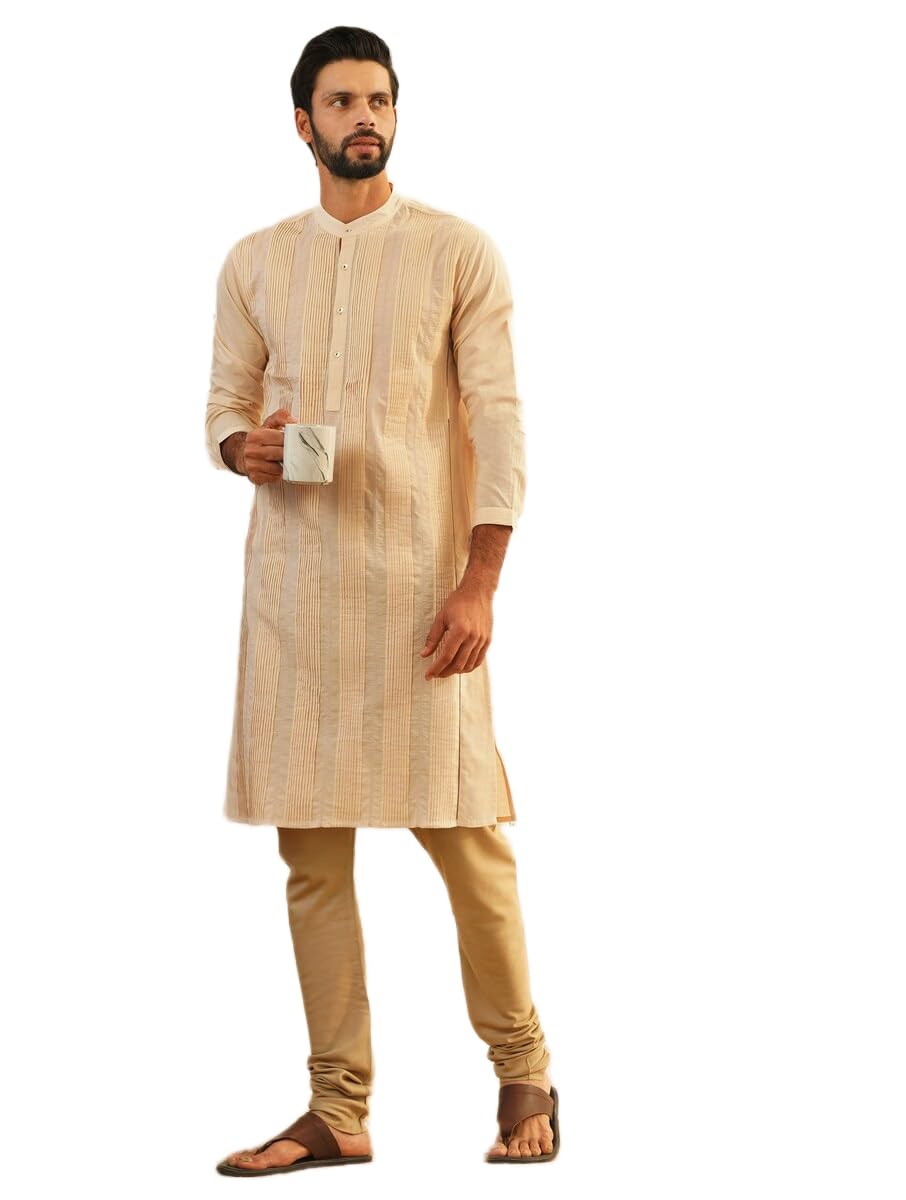 jaypore Men Cotton Self Design Regular Fit Full Sleeves Short Kurta | Ethnic, Lightweight Summer Kurta for Daily & Occasion Use Off White-picture-10