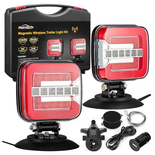 Image of Partsam Wireless LED Trailer Light Kit, Square Portable Magnetic Stop Turn Reverse License Towing Tail Lights w /Metal Bracket 7-Pin Plug for Trucks Trailers 12-24V IP67 Waterproof