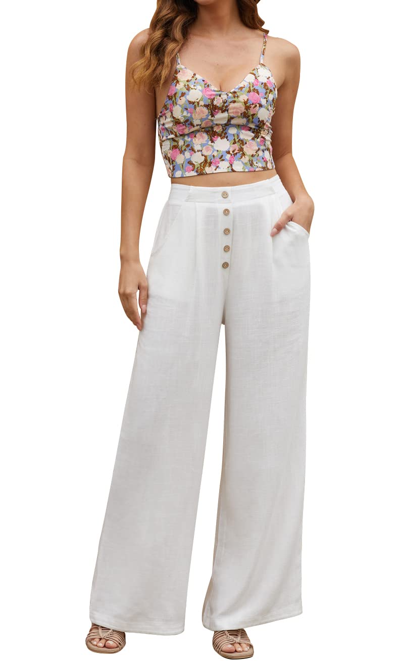 SVALIY Women Flowy Pants Cotton Linen Wide Leg Palazzo Pants Long Lounge Slacks High Waist Button Trousers Pocket