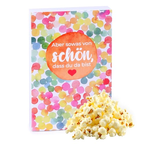 Liebevolles Gastgeschenk – 6x100g Süßes Mikrowellen-Popcorn – Aber sowas von schön, dass du da bist – Leckeres Mitgebsel für Hochzeit, Geburtstag & besondere Anlässe – vegan & glutenfrei