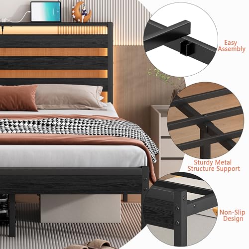 Image of CLIBFENG Bed Frame Twin Size with USB Charging Station, LED Bed Frame with Wood Storage Headboard, Black Metal Platform Bed with Under Bed Storage, No Box Spring Needed, Noise Free