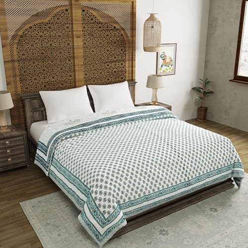 Image of BLOCKS OF INDIA Hand Block Printed Cotton King Size Quilt /Rajai | Green Tree