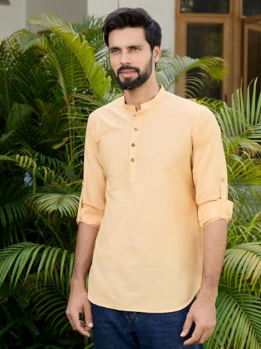 Image of See Designs Men's Roll-Up Sleeve Mandarin Collar Deluxe Cotton Solid Short Kurta (Pack of 2) - Festive Collection