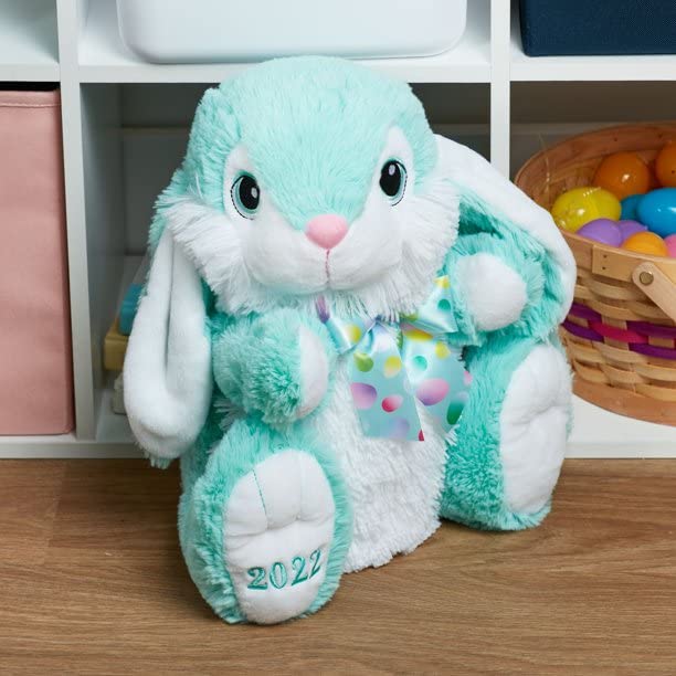 Mae Mae's Marketing, LLC Easter Bundle (4 Items) 2022 Stuffed Plush Easter Bunny, Palmer Chocolate Bunny, Bunny Paddleball Game, Easter Dino Drawstring Bag (Teal Bunny)
