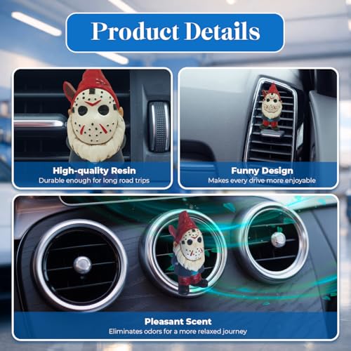 Image of GENANY 3D Resin Spooky Masked Gnome Car Air Freshener Vent Clip, Hand Painted Red Pointed Cap Garden Gnome Design, Gothic Automotive Freshener, Horror Car Accessories Gift