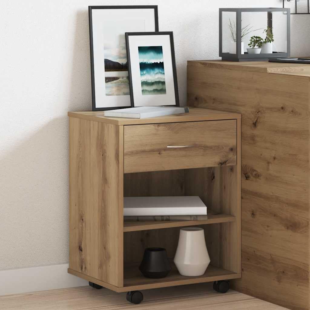 Caisson à roulettes en chêne artisanal, 46 x 36 x 59 cm, en bois avec tiroir et compartiments ouverts, espace de rangement pour bureau et salon, armoire d'appoint avec roulettes verrouillables